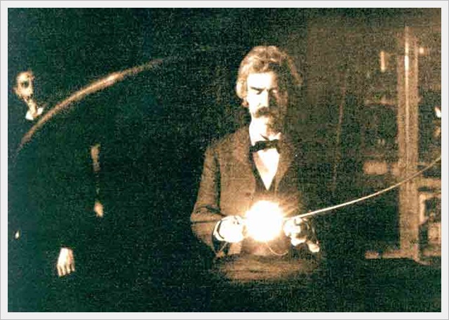 Mark Twain inside the laboratory of Nikola Tesla (1894)