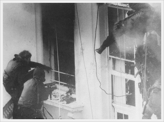 The SAS storming the Iranian Embassy to free hostages taken by terrorists. London. 1980